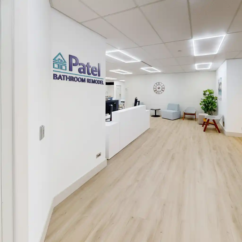 Patel Bathroom Remodel office with company signage
